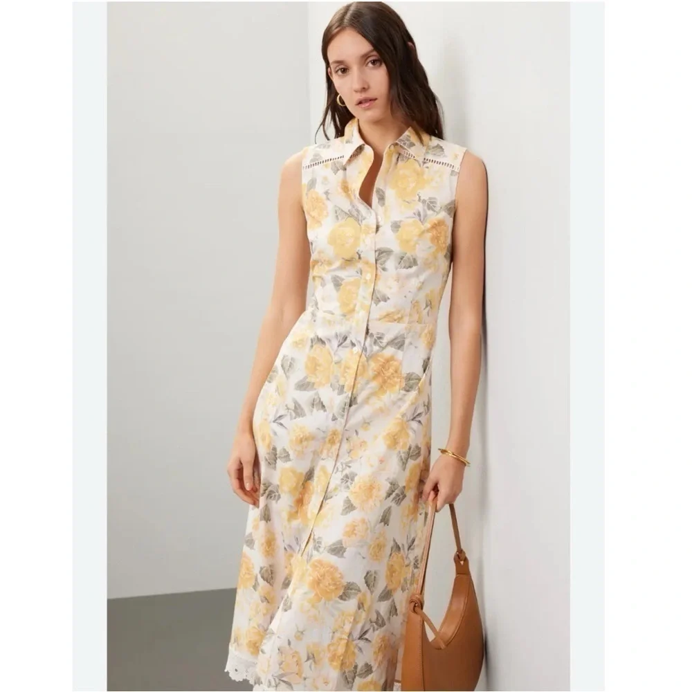 NEW Rachel Parcell Sleeveless Floral Midi Shirt Dress Ivory Yellow 10 - Picture 6 of 16